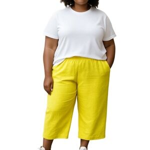 Cynthia Rowley Pants Women's Size 1X Wide Leg Linen Lemon Lime Green Summer